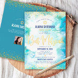 Invitation En Aluminium Bat Mitzvah turquoise watercolor photo real gold<br><div class="desc">Be proud, rejoice and showcase this milestone of your favorite Bat Mitzvah! Send out this stunning, modern, Hebrew name, personalized photo or QR code invitation for an event to remember. Sparkly real gold foil script, glitter dots, Star of David and handwritten script typography overlay a turquoise blue watercolor background. On...</div>