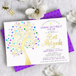Invitation En Aluminium Bat mitzvah Violet Arbre de Vie Script Véritable O<br><div class="desc">Soyez fier, réjouissez-vous et présentez cette étape importante de votre Bat mitzvah préféré ! Ce véritable arbre graphique en feuille d'or avec brillant turquoise, turquoise, violet et bleu étoile de David et point "feuilles" sur un arrière - plan blanc est l'invitation parfaite pour cette occasion spéciale. Une toute petite étoile...</div>