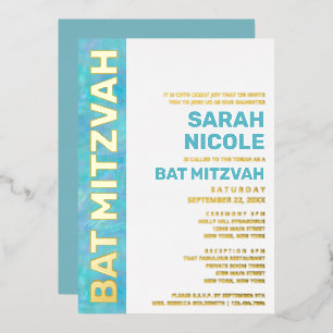 Invitation En Aluminium Bath Mitzvah Opale Bleu Typographie Moderne Or