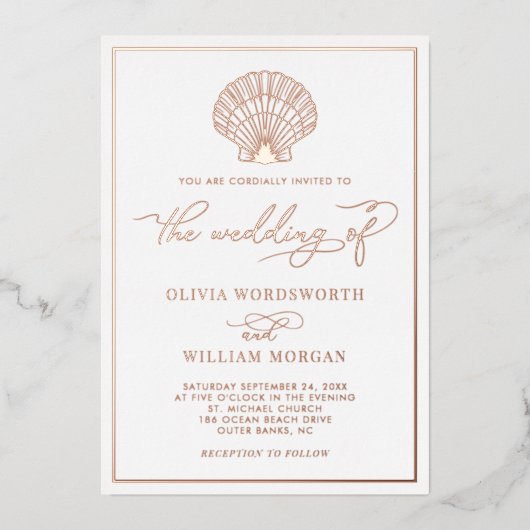 Invitation En Aluminium Beach Seashell Mariage Elegant Rose or (Recto)