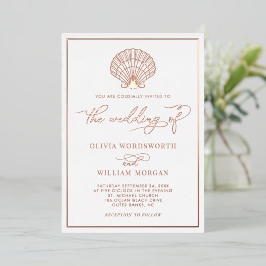 Invitation En Aluminium Beach Seashell Mariage Elegant Rose or (Debout devant)