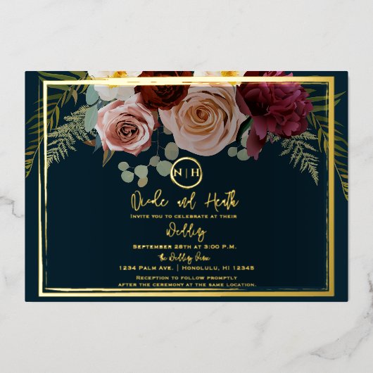 Invitation En Aluminium Beau Blush rose Bourgogne Floral Mariage (Recto)
