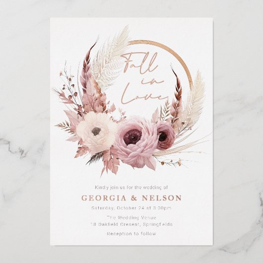 Invitation En Aluminium Beau Boho Automne Mariage Rose Or (Recto)
