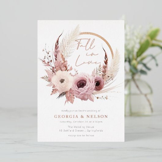 Invitation En Aluminium Beau Boho Automne Mariage Rose Or (Debout devant)