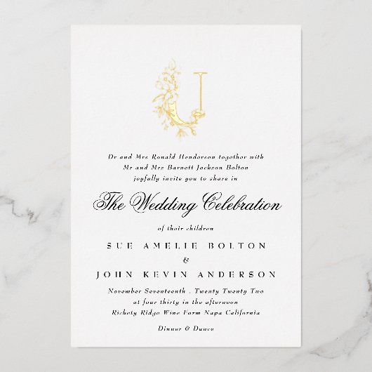 Invitation En Aluminium Beau Élégant Floral OR Monogramme Mariage (Recto)