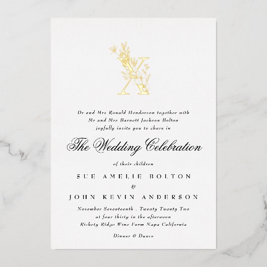 Invitation En Aluminium Beau Élégant Floral OR Monogramme Mariage (Recto)
