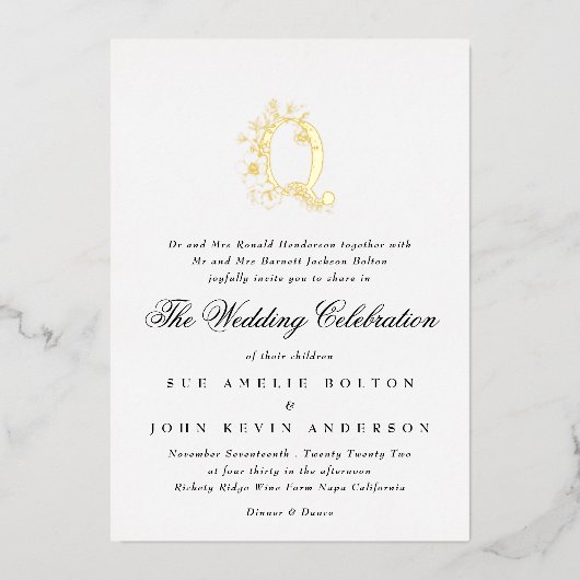 Invitation En Aluminium Beau Élégant Floral OR Monogramme Mariage (Recto)