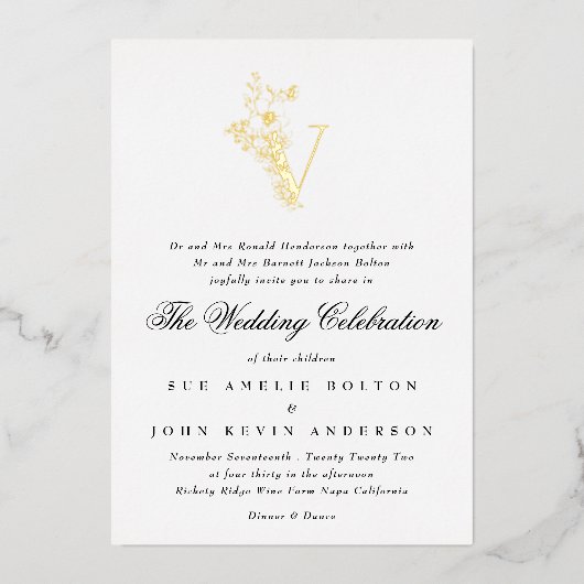 Invitation En Aluminium Beau Élégant Floral OR Monogramme Mariage (Recto)