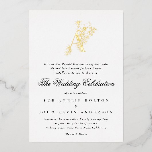 Invitation En Aluminium Beau Floral OR Monogramme Mariage esquissé (Recto)