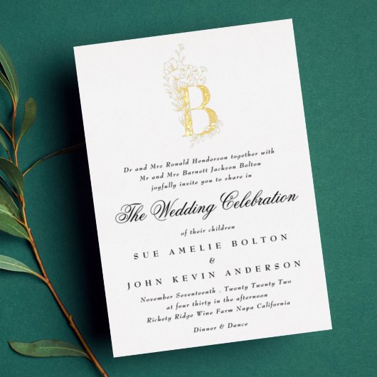Invitation En Aluminium Beau Floral OR Monogramme Mariage esquissé