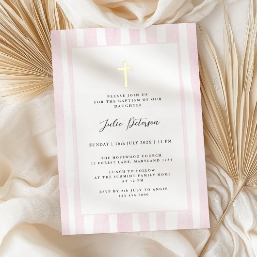 Invitation En Aluminium Bébé Aquarelle rose Croix d'or Baptême
