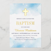 Invitation En Aluminium Bébé Bleu Aquarelle Nuages Croix Or Baptême (Recto)