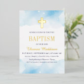 Invitation En Aluminium Bébé Bleu Aquarelle Nuages Croix Or Baptême (Debout devant)