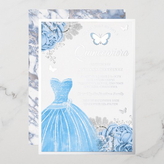 Invitation En Aluminium Bébé Bleu Floral Papillon Quinceanera Argent (Recto/Verso)