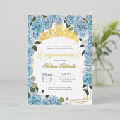 Invitation En Aluminium Bébé Bleu Roses Princesse Quinceanera Véritable Or (Debout devant)