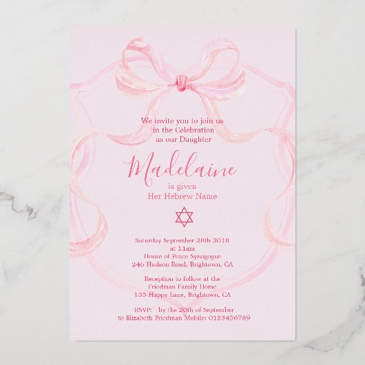 Invitation En Aluminium Bébé juif Nommer Pink Ribbon Élégant huile (Verso)