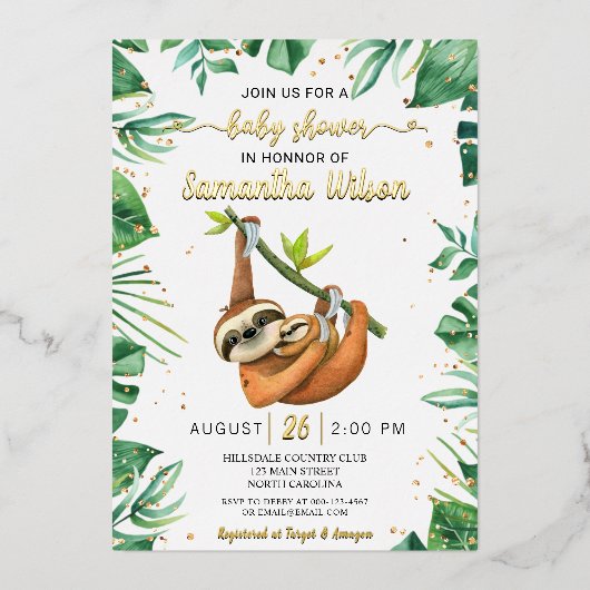 Invitation En Aluminium Bébé mignon Sloth Baby shower tropical réel (Recto)