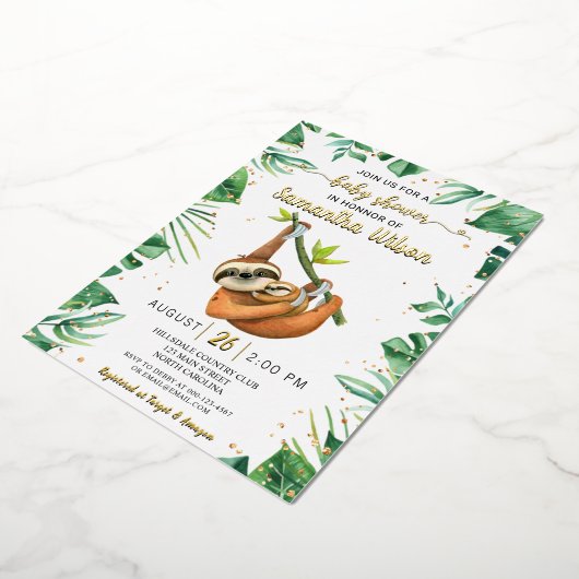 Invitation En Aluminium Bébé mignon Sloth Baby shower tropical réel (Rotation)