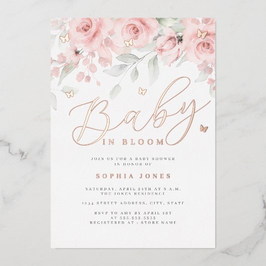 Invitation En Aluminium Bébé rose Gold Floral Butterfly En Fleur (Recto)