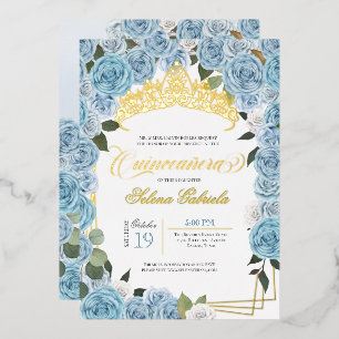 Invitation En Aluminium Bébé Roses Bleues Princesse Quinceanera Or Réel