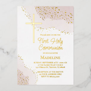 Invitation En Aluminium beige rose foncé aquarelle Première Sainte Communi