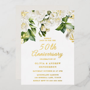 Invitation En Aluminium Belle Fleurs blanches & Or 50e anniversaire