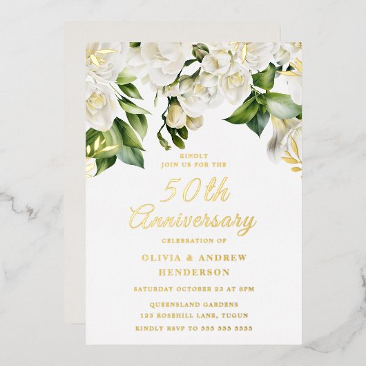 Invitation En Aluminium Belle Fleurs blanches & Or 50e anniversaire (Recto/Verso)