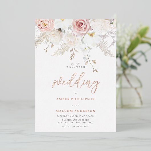 Invitation En Aluminium Belle Fleurs de Mariage Véritable Or Rose (Debout devant)