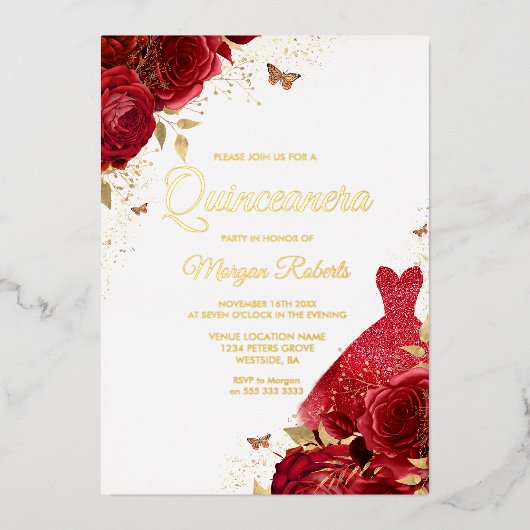 Invitation En Aluminium Belle Roses Rouges & Robe Or Huile Quinceanera (Recto)