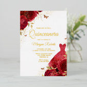Invitation En Aluminium Belle Roses Rouges & Robe Or Huile Quinceanera (Debout devant)