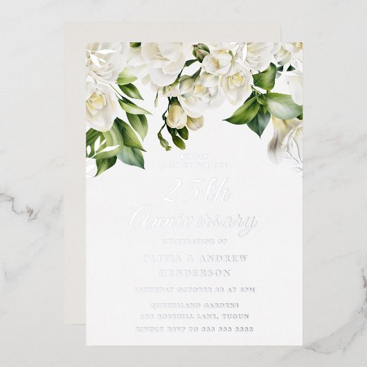 Invitation En Aluminium Belles fleurs blanches et argent 25e anniversaire (Recto/Verso)