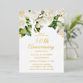 Invitation En Aluminium Belles Fleurs Blanches & Or 50e Anniversaire (Debout devant)