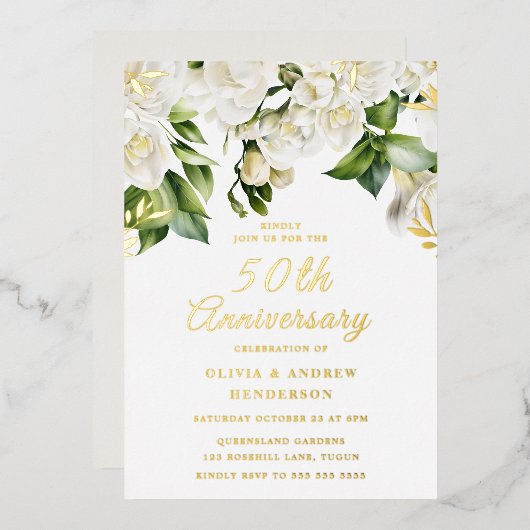 Invitation En Aluminium Belles Fleurs Blanches & Or 50e Anniversaire (Recto/Verso)