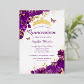 Invitation En Aluminium Beurre Fleur Élégant Violet Quinceanera (Debout devant)