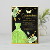 Invitation En Aluminium Beurre floral vert citron vert Quinceanera Or (Debout devant)