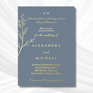 Invitation En Aluminium Bible Verset Botanique Bleu Mariage Chrétien Or