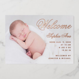 Invitation En Aluminium Bienvenue Baby Birth Photo Élégant Script Rose Gol