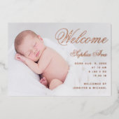 Invitation En Aluminium Bienvenue Baby Birth Photo Élégant Script Rose Gol (Recto)