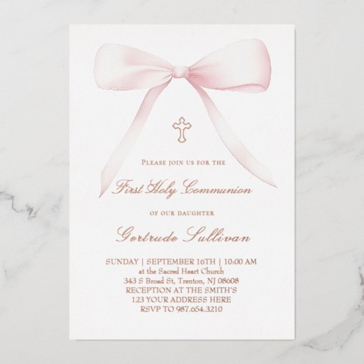 Invitation En Aluminium big pink bow | First Communion (Recto)