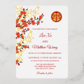 Invitation En Aluminium BILINGUAL Gold Cherry Blossom | Mariage chinois (Recto)