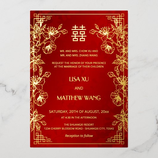 Invitation En Aluminium  BILINGUAL Gold Frame Red Chinese Wedding (Recto)