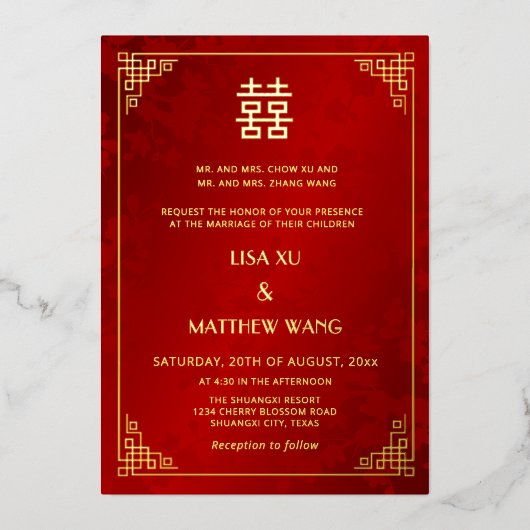 Invitation En Aluminium  BILINGUAL Gold Frame Red Chinese Wedding (Recto)