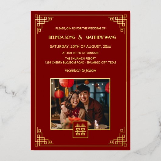 Invitation En Aluminium BILINGUAL Photo Red Gold Chinese Wedding (Recto)