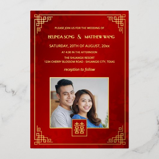Invitation En Aluminium BILINGUAL Photo Red Gold Chinese Wedding (Recto)