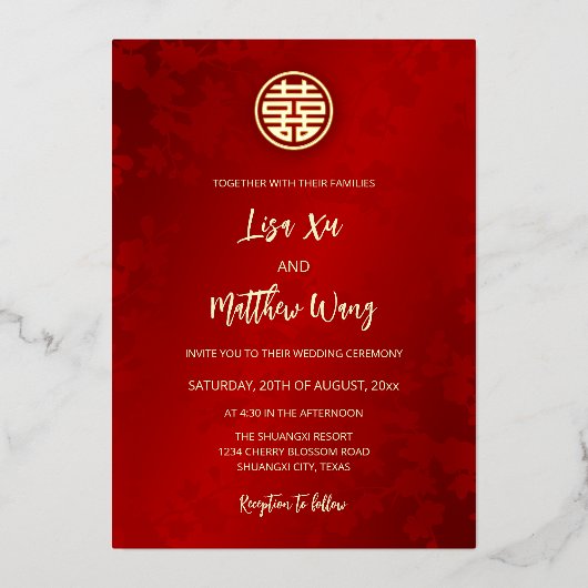 Invitation En Aluminium BILINGUE | Mariage chinois rouge moderne (Recto)