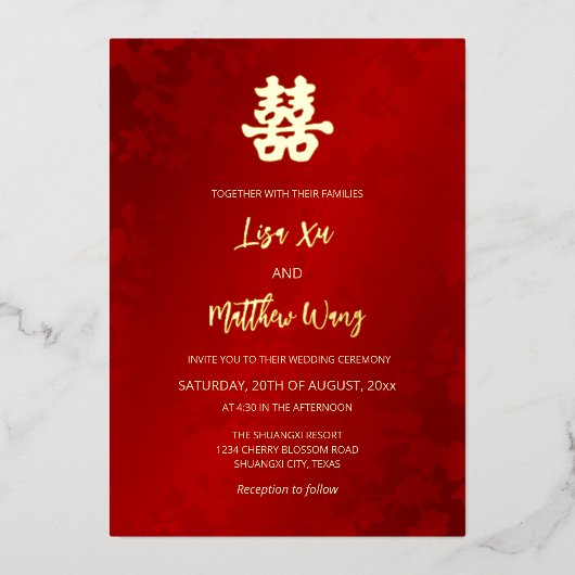 Invitation En Aluminium Bilingue | Simple Mariage chinois d'or rouge (Recto)