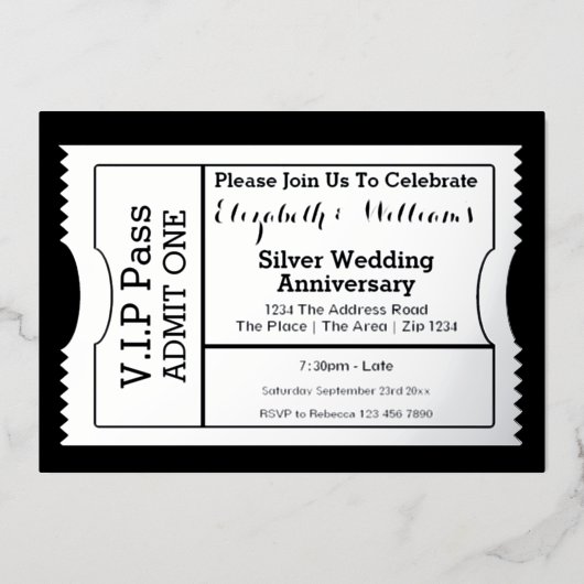 Invitation En Aluminium Billet VIP Pass Anniversaire de Mariage Argent (Recto)