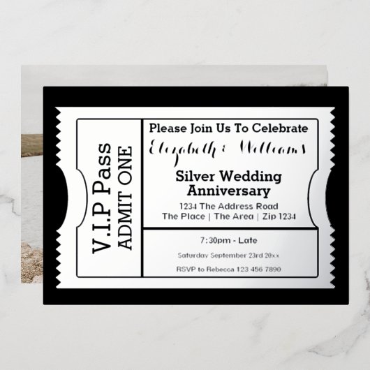 Invitation En Aluminium Billet VIP Pass Anniversaire de Mariage Argent (Recto/Verso)