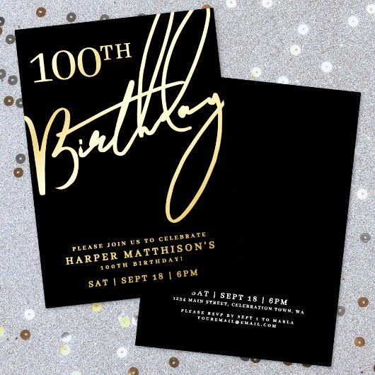 Invitation En Aluminium Black 100th Birthday Gold