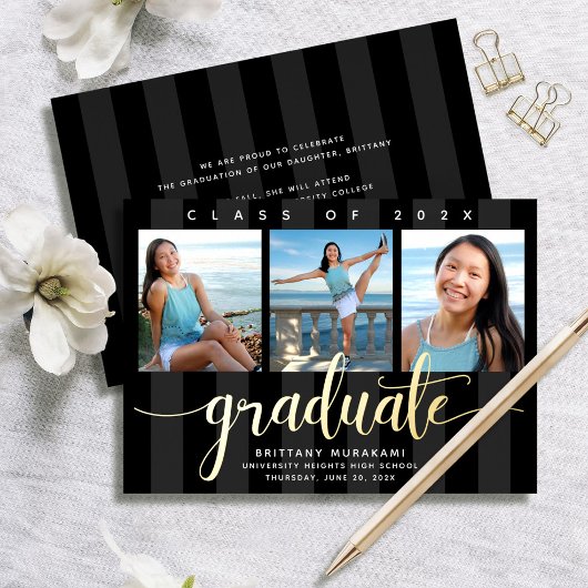 Invitation En Aluminium Black 3 photo graduation script moderne or réel